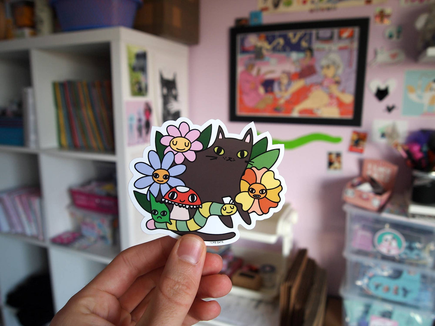 Black Cat with Flowers - Sticker