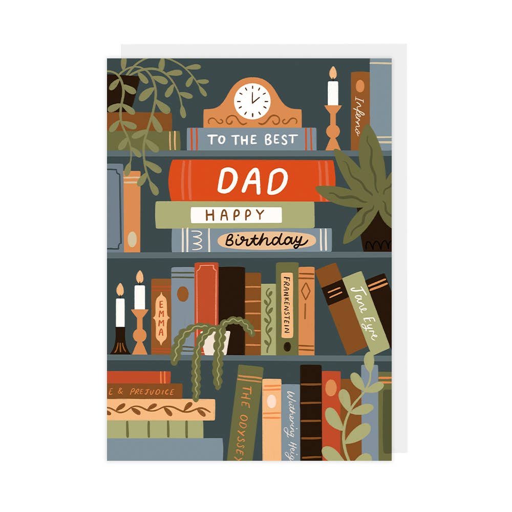 Greeting card with bookshelf design and 'Happy Birthday' text for Dad