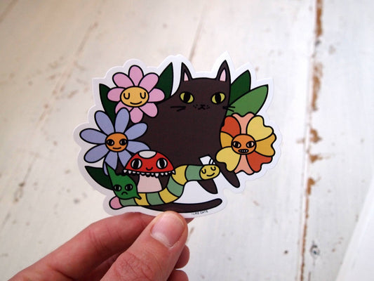 Black Cat with Flowers - Sticker