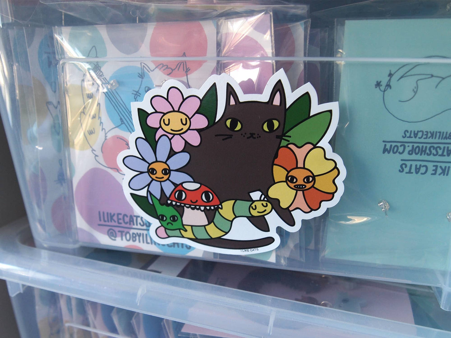 Black Cat with Flowers - Sticker