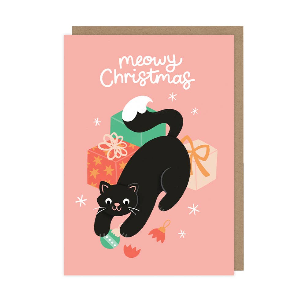 Christmas card with a black cat and presents on a pink background