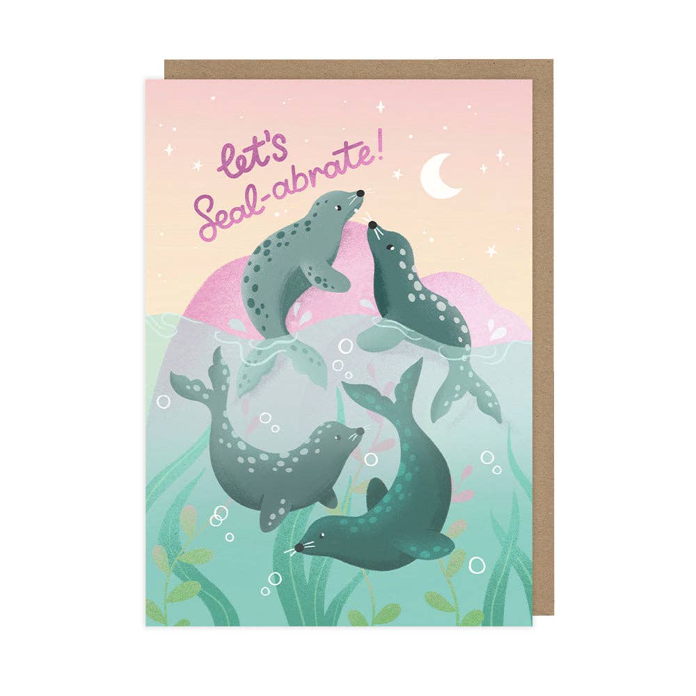 Greeting card with seals and 'Let's Seal-abrate!' text on a pastel background