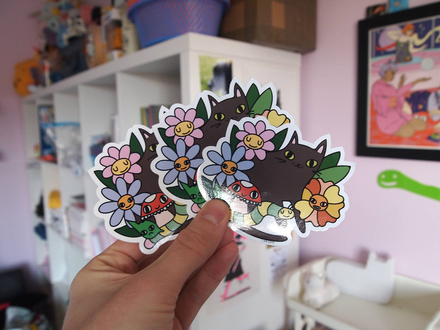 Black Cat with Flowers - Sticker