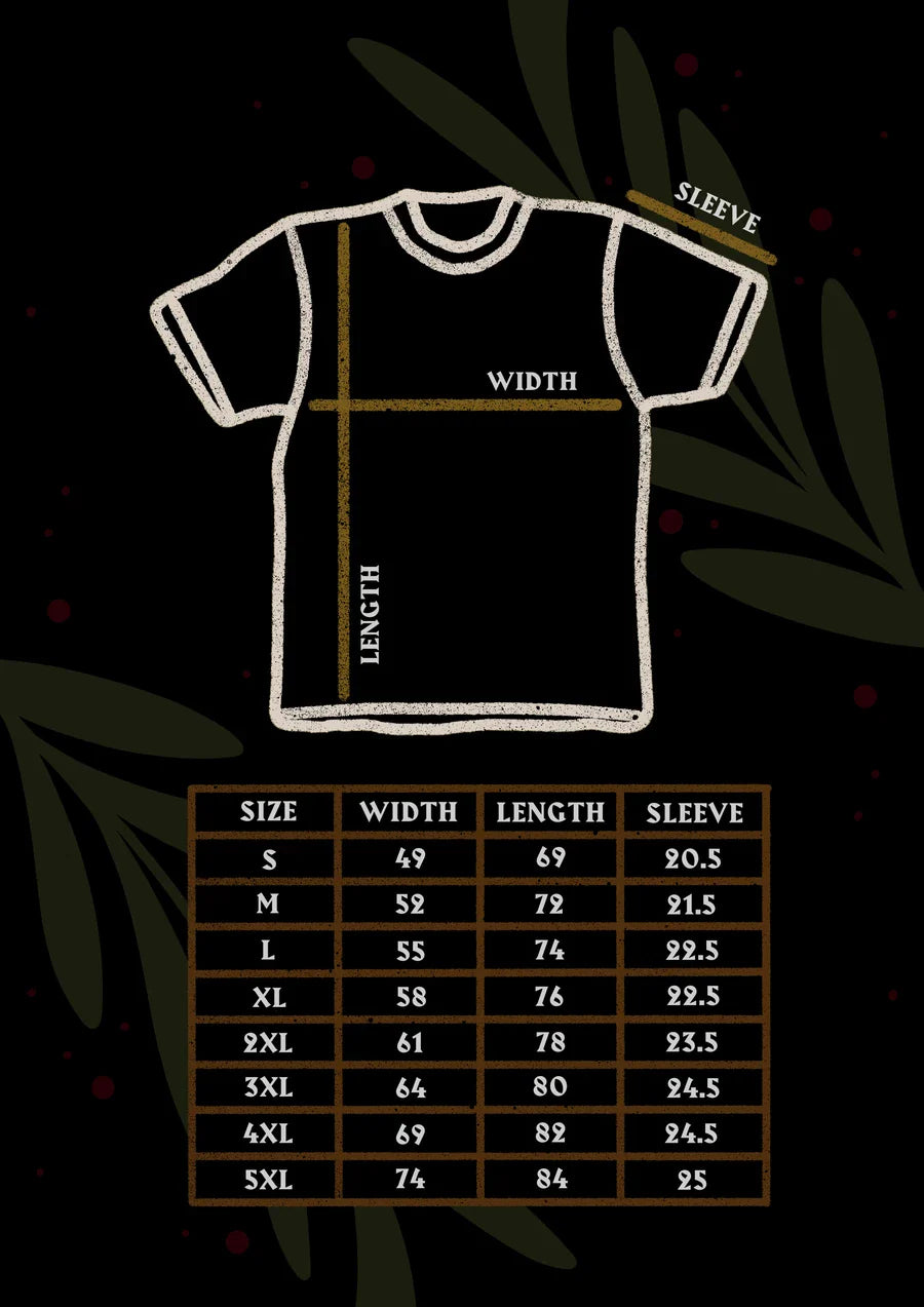 T-shirt size chart with measurements on a dark background