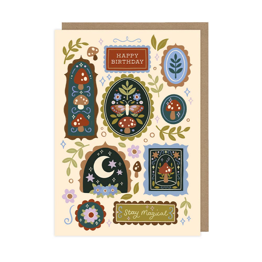 Birthday card with nature-themed illustrations and 'Happy Birthday' text on a beige background.