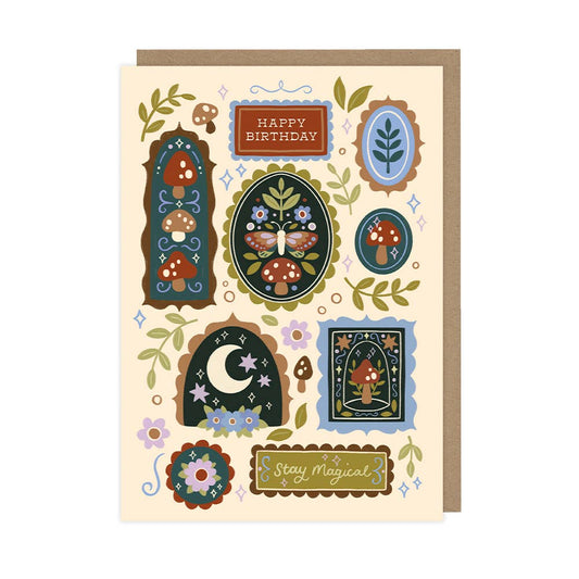 Birthday card with nature-themed illustrations and 'Happy Birthday' text on a beige background.