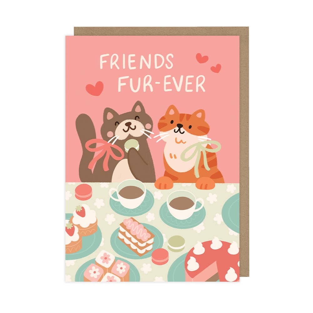 Greeting card with two cats and the text 'Friends Fur-ever' on a pink background.