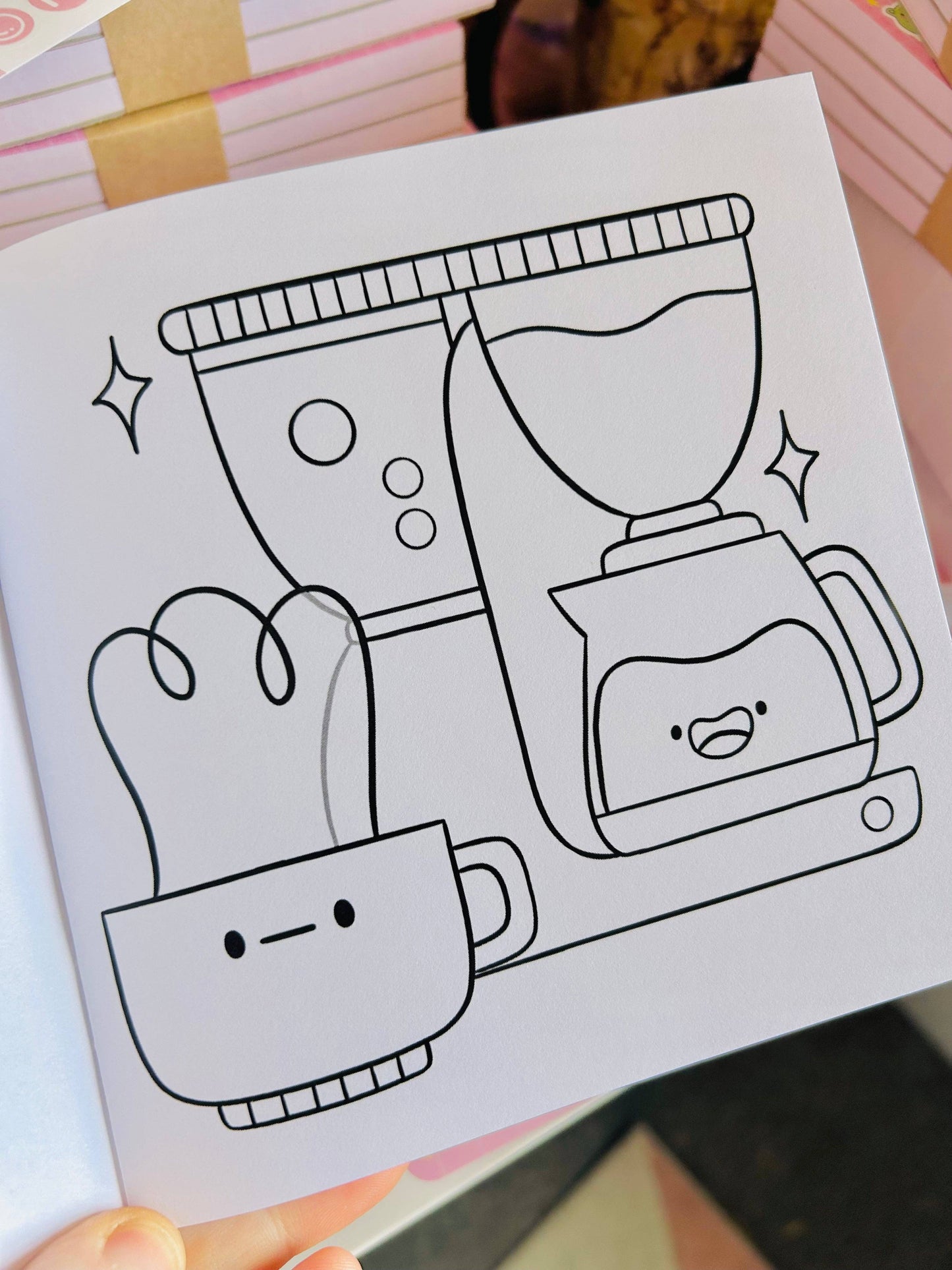 Cartoon coffee machine and cup on a coloring book page