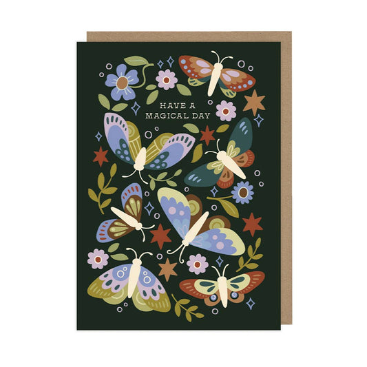 Greeting card with colorful butterflies and flowers on a black background