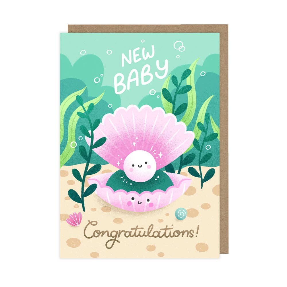 Greeting card with a pink shell and baby octopus illustration, text 'New Baby Congratulations!' on a teal and beige background.
