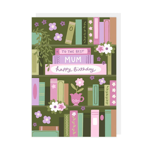 Greeting card with books and flowers on a green background, featuring 'To the best Mum happy birthday' text.