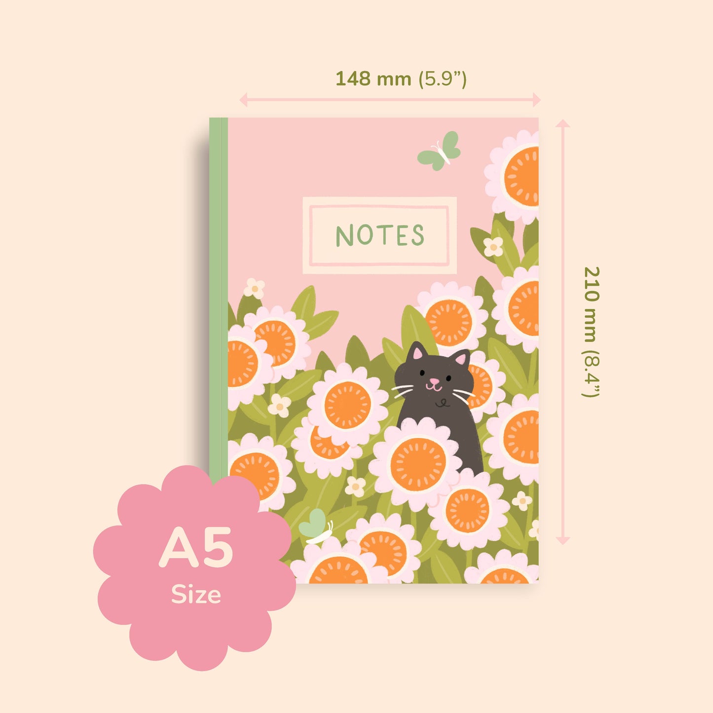 Cat & Flowers - A5 Notebook