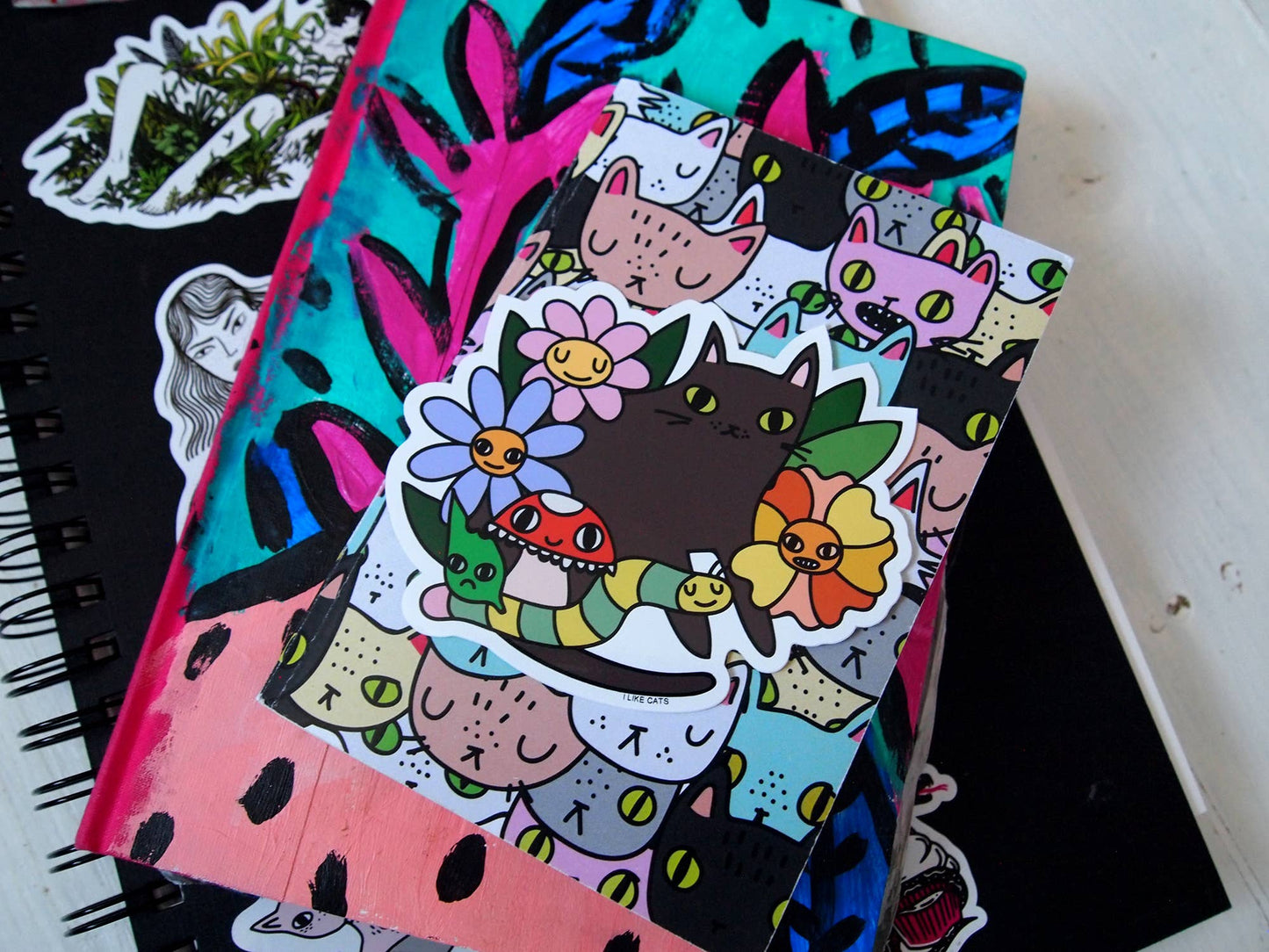Black Cat with Flowers - Sticker