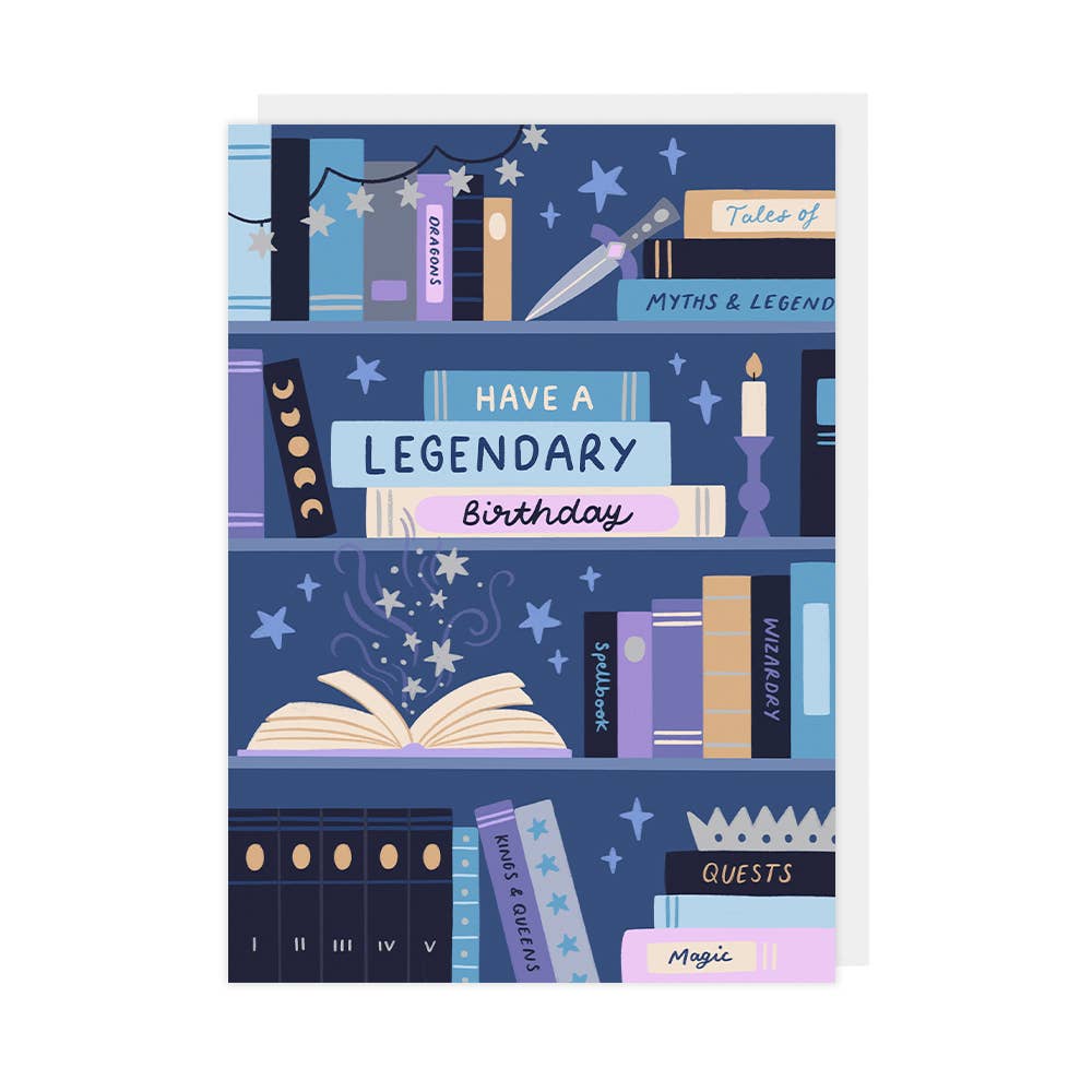 Greeting card with bookshelf design and 'Have a Legendary Birthday' text on a blue background.