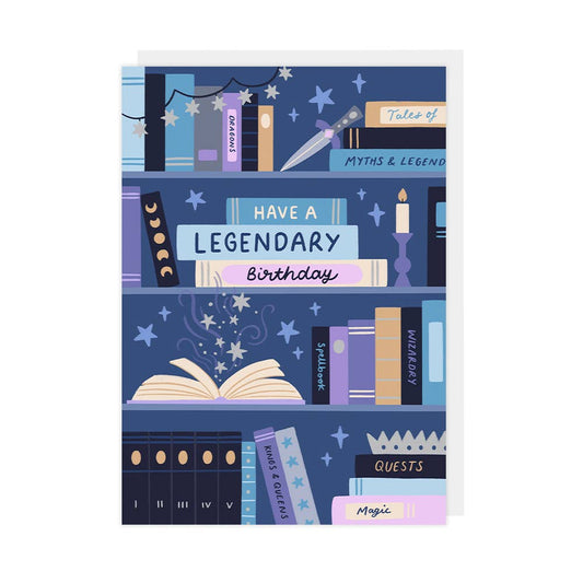 Greeting card with bookshelf design and 'Have a Legendary Birthday' text on a blue background.