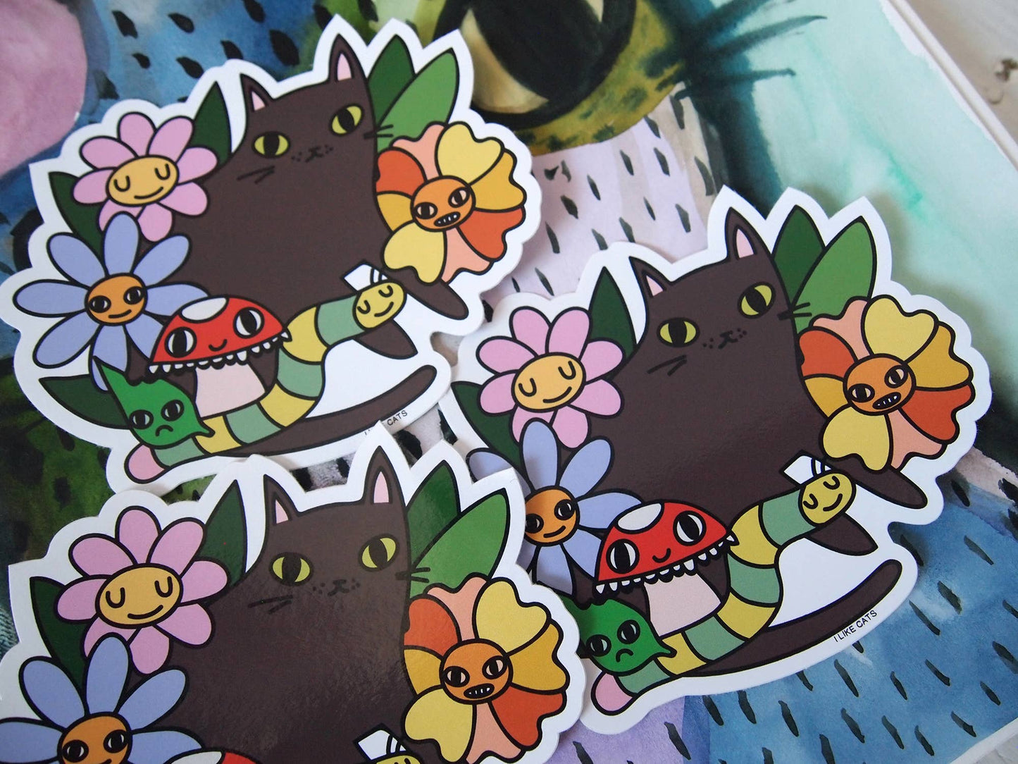 Black Cat with Flowers - Sticker