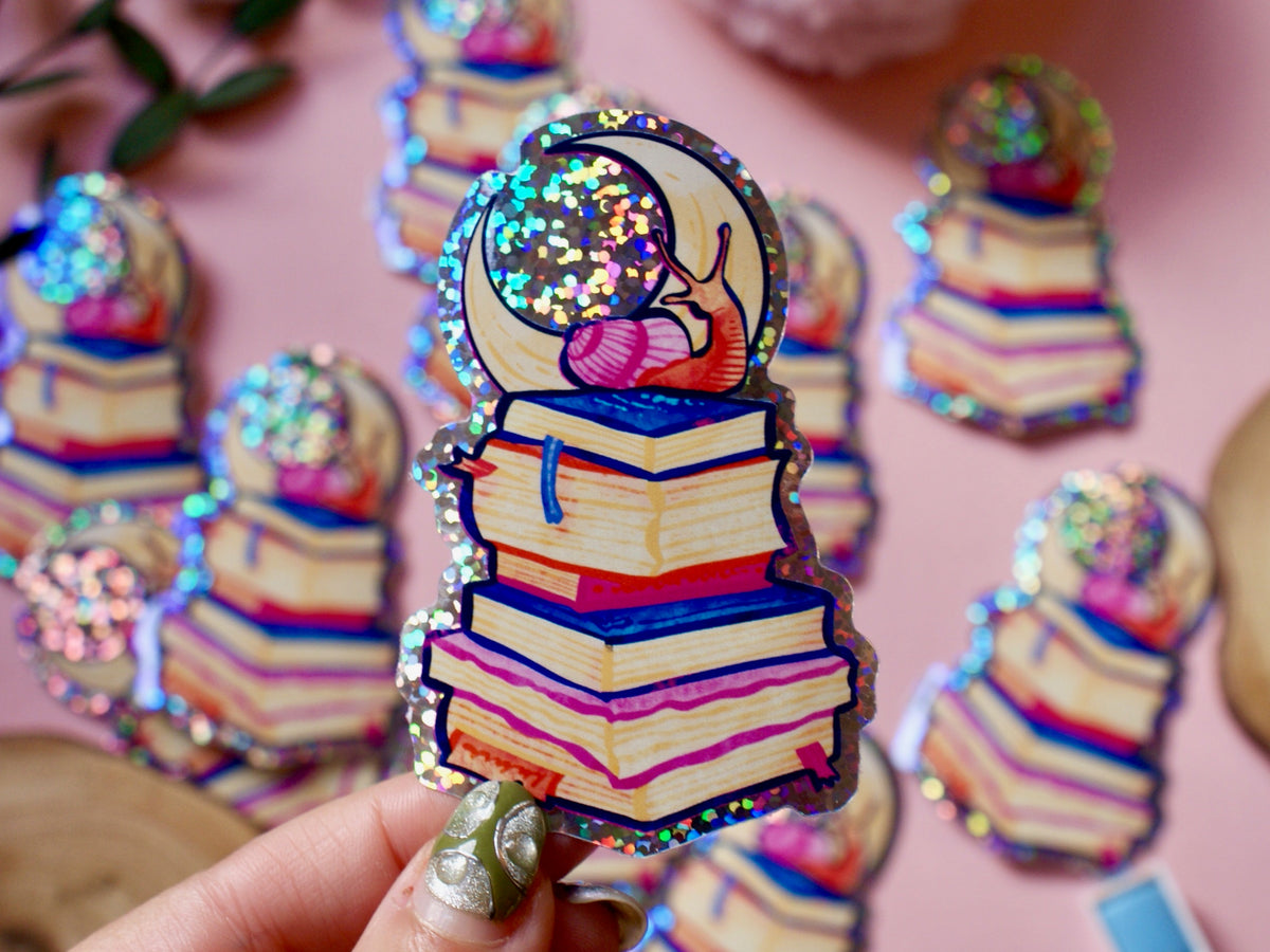 Snail & Moon Bookstack - Glitter Sticker
