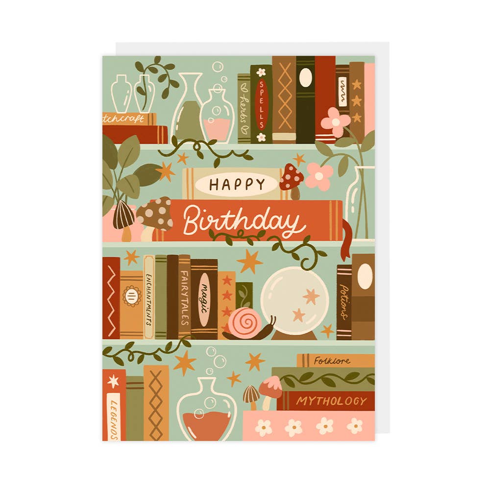 Birthday card with bookshelf design and 'Happy Birthday' text