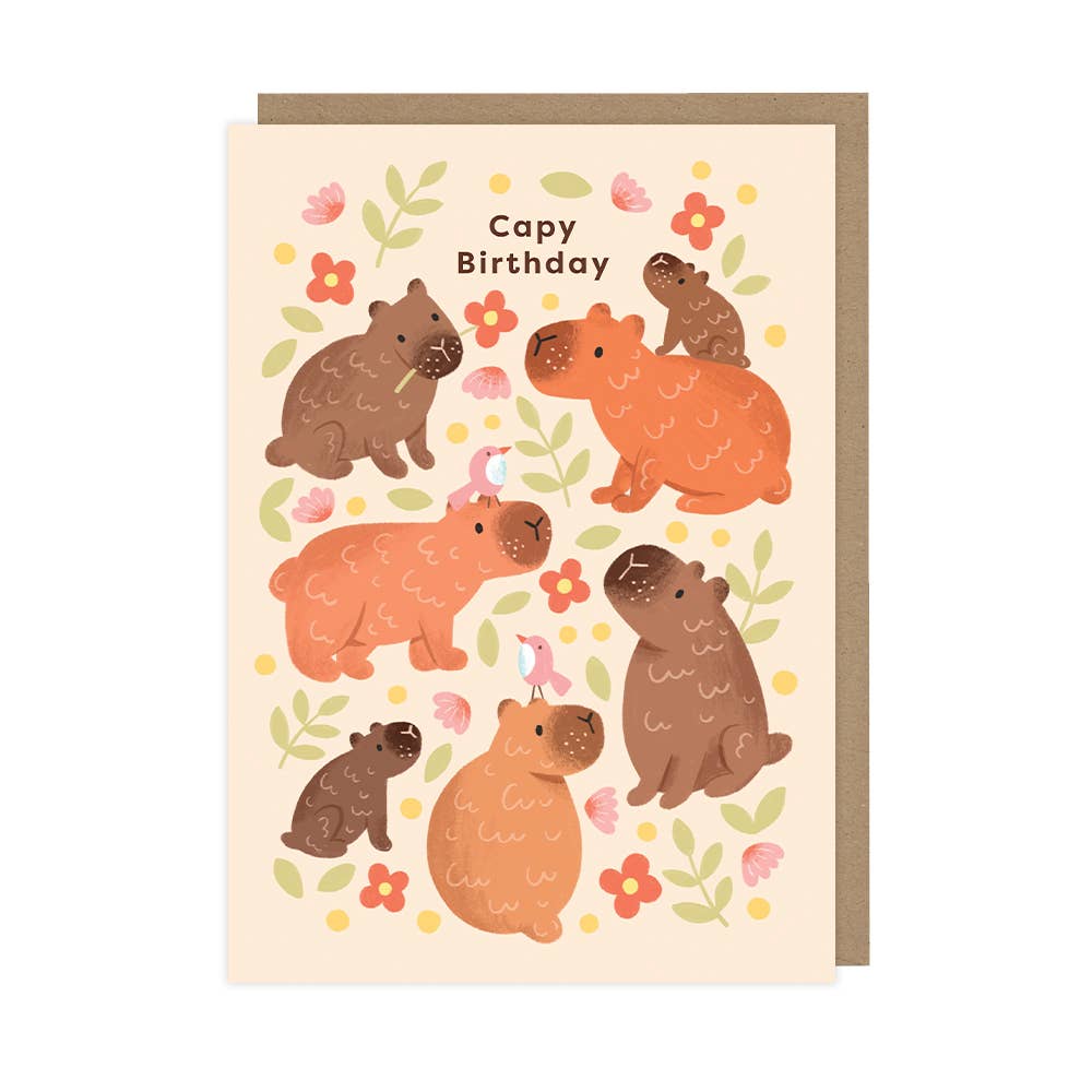 Birthday card with cartoon bears and flowers on a beige background