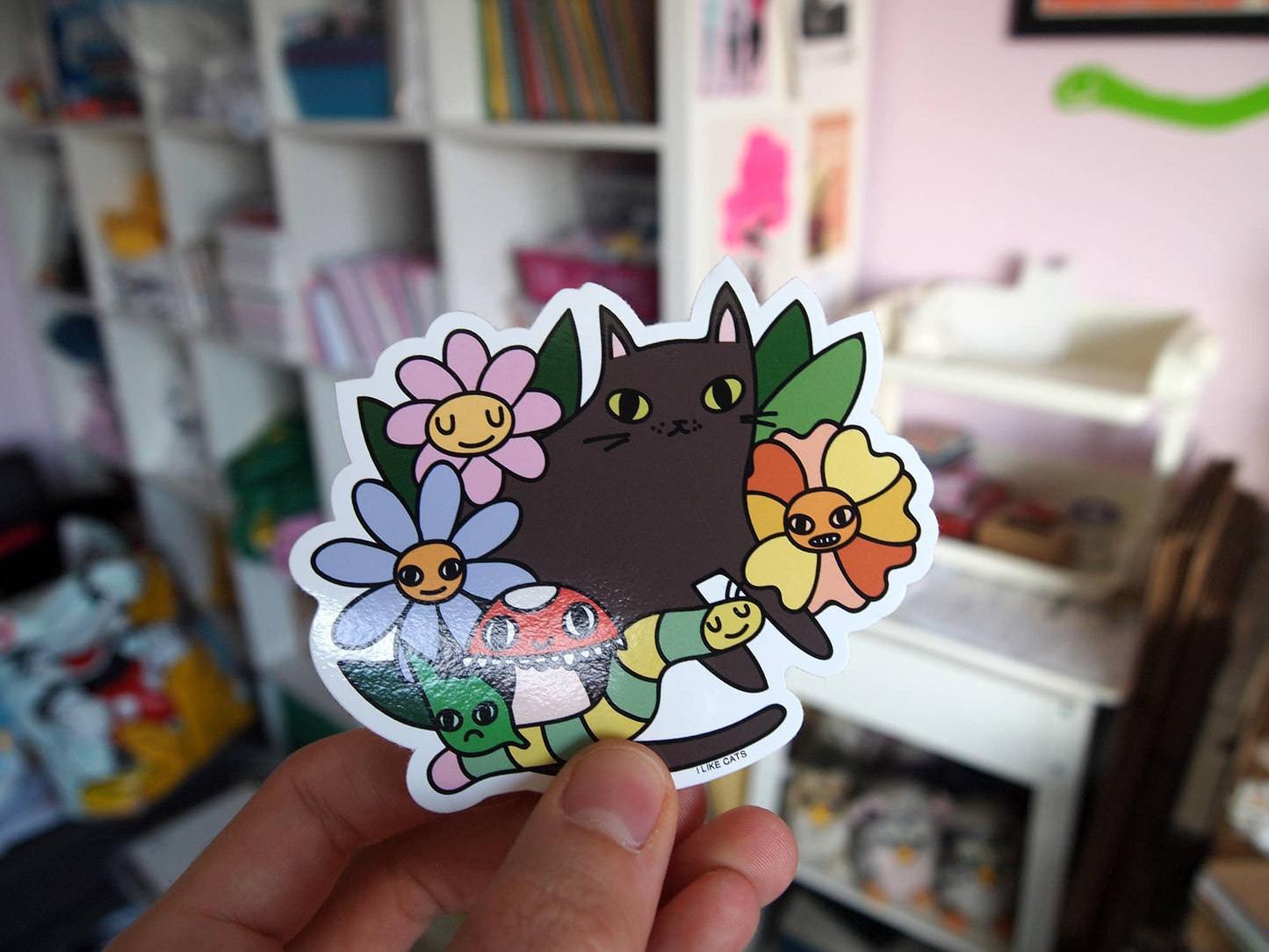 Black Cat with Flowers - Sticker