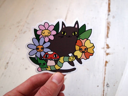 Black Cat with Flowers - Sticker