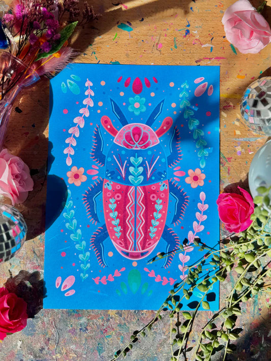 Blue & Pink Beetle - A5 Print