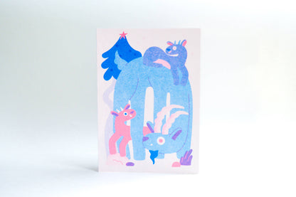 Yule Goats - Seasonal A6 Risograph Card