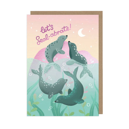 Greeting card with seals and 'Let's Seal-abrate!' text on a pastel background