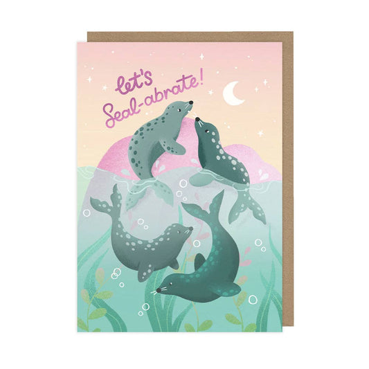 Greeting card with seals and 'Let's Seal-abrate!' text on a pastel background