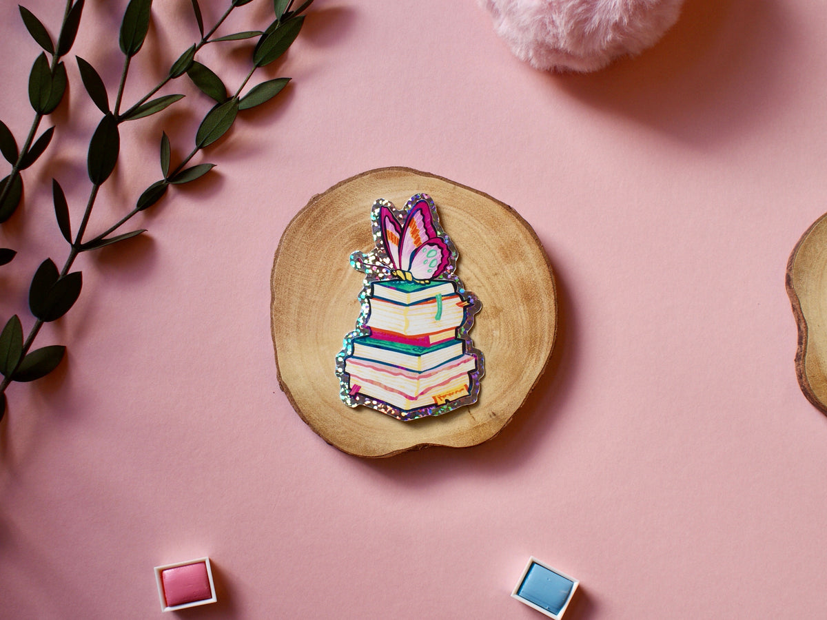 Butterfly Bookstack - Glitter Sticker