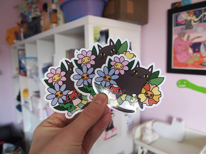 Black Cat with Flowers - Sticker