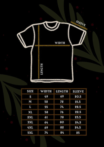 T-shirt size chart with measurements on a dark background