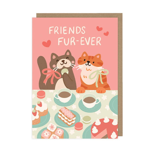 Greeting card with two cats and the text 'Friends Fur-ever' on a pink background.