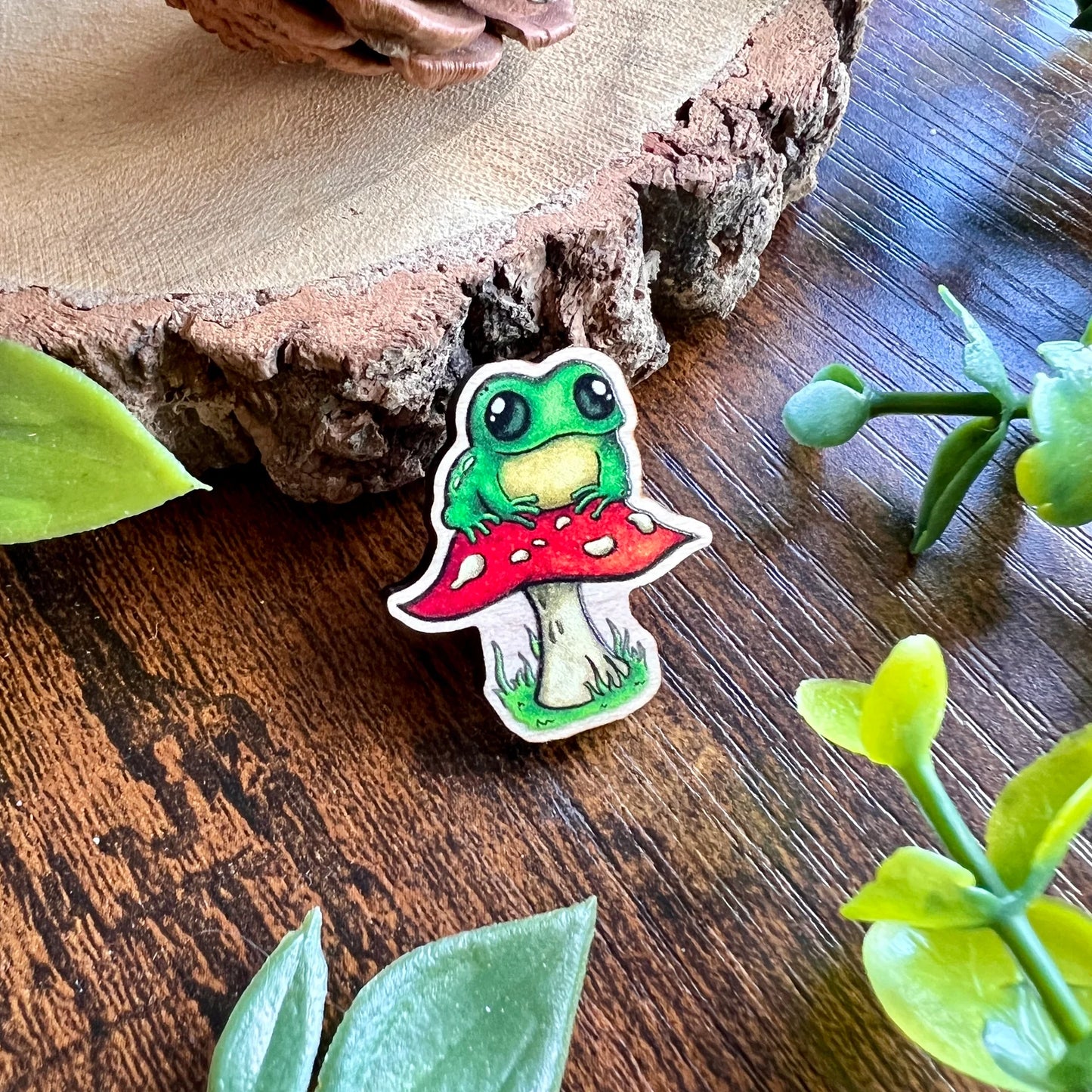 Frog On A Fungi - Wooden Pin