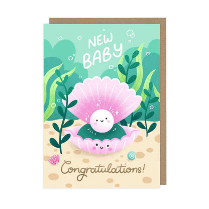 Greeting card with a pink shell and baby octopus illustration, text 'New Baby Congratulations!' on a teal and beige background.
