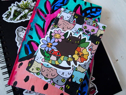Black Cat with Flowers - Sticker