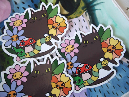 Black Cat with Flowers - Sticker