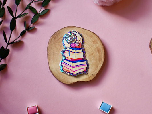 Snail & Moon Bookstack - Glitter Sticker