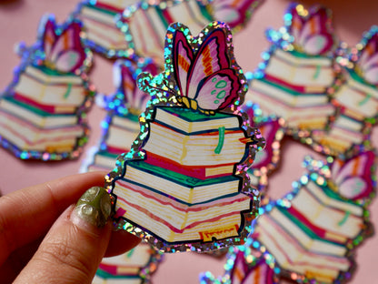 Butterfly Bookstack - Glitter Sticker