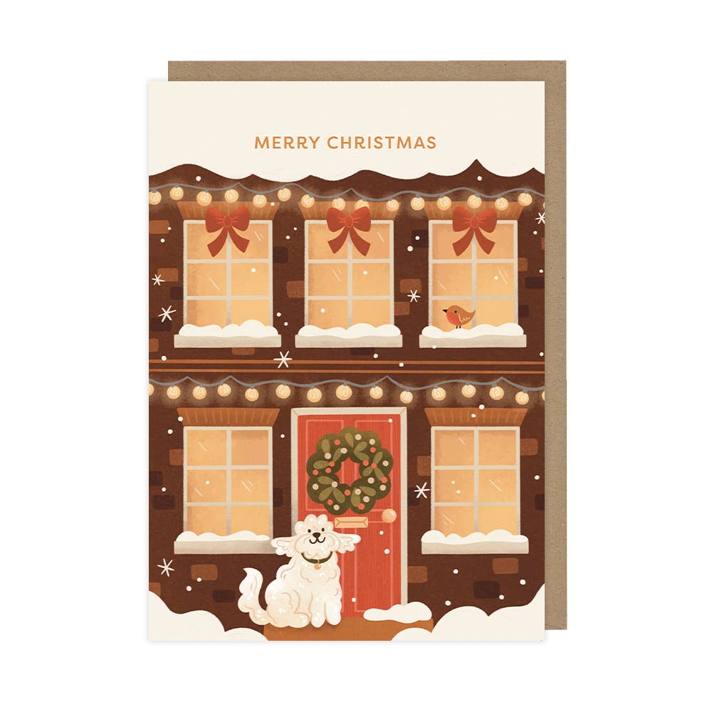 Cozy Christmas House with Dog - A6 Christmas Card