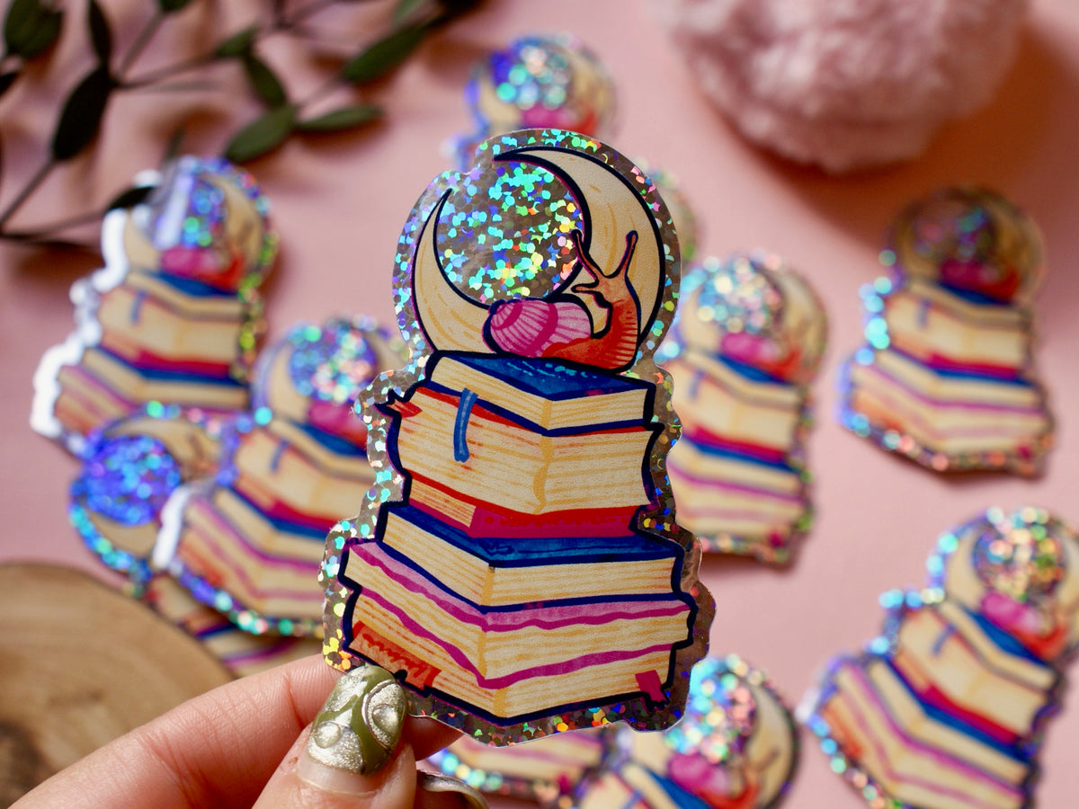 Snail & Moon Bookstack - Glitter Sticker