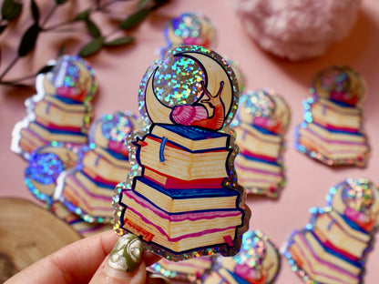 Snail & Moon Bookstack - Glitter Sticker