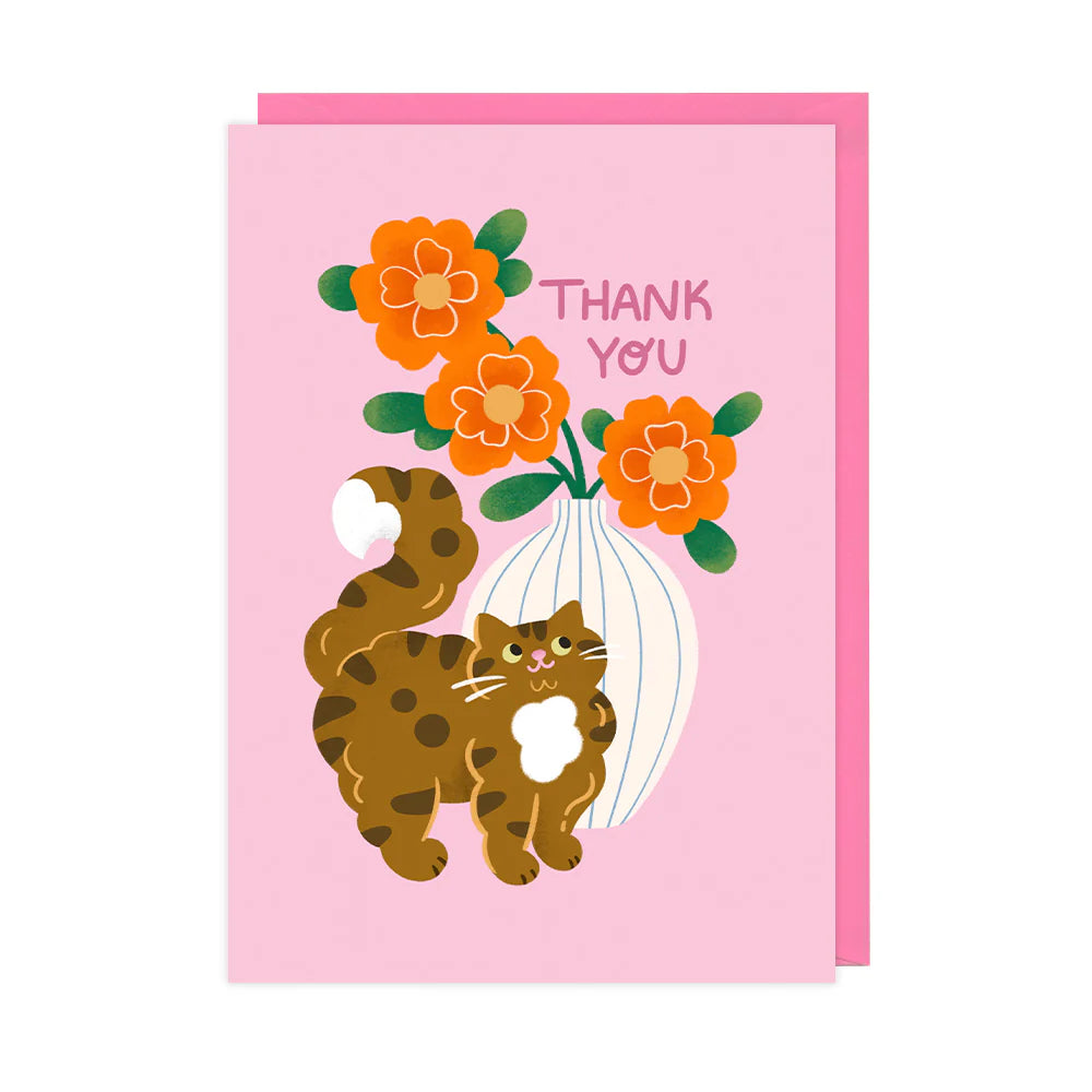 Cat And Flowers Thank You Card - A6 Card