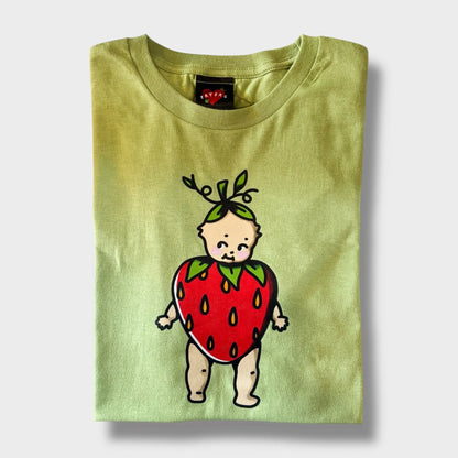 Green t-shirt with a cartoon baby in a strawberry costume on a white background