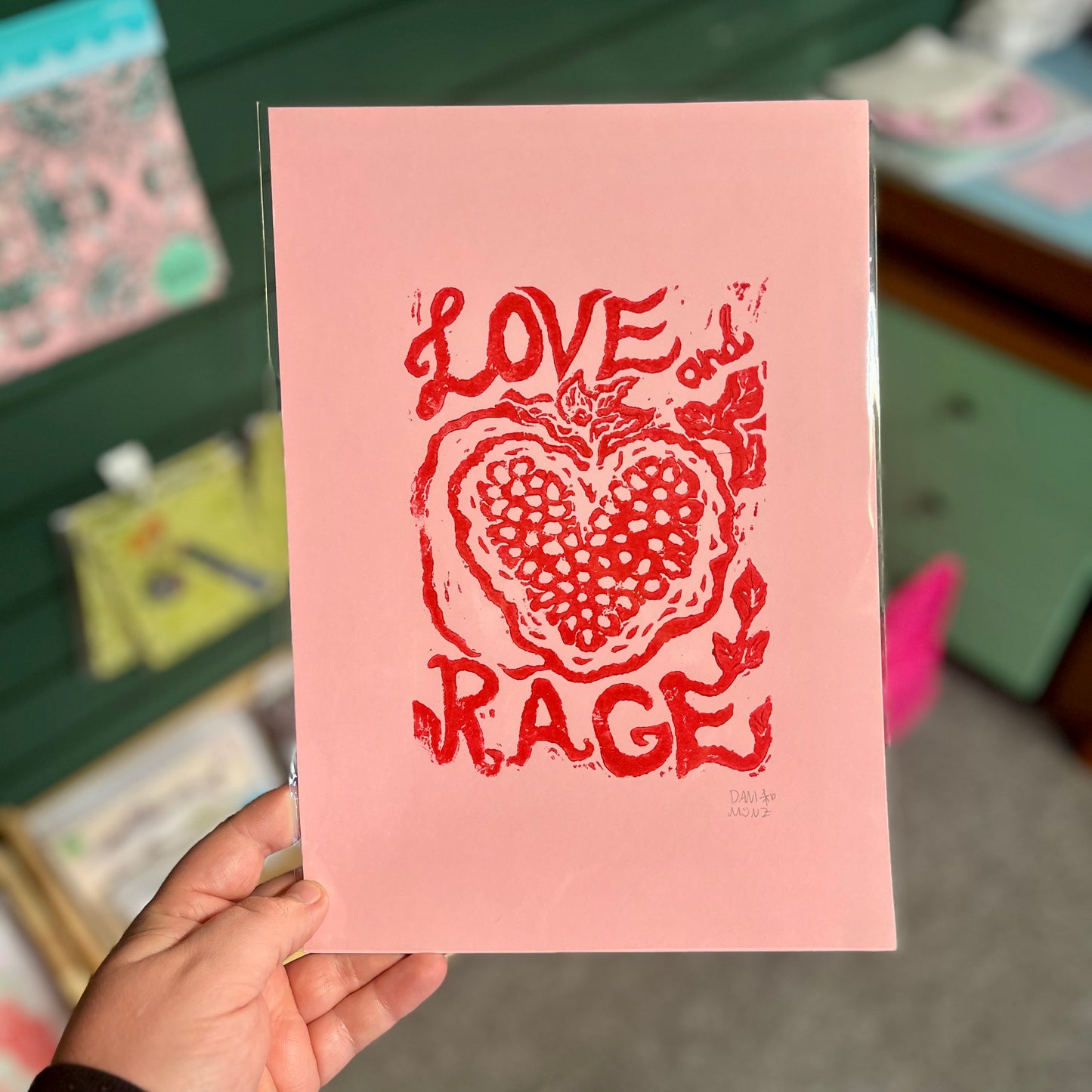 Love & Rage - Linoprint - A4 Art Print