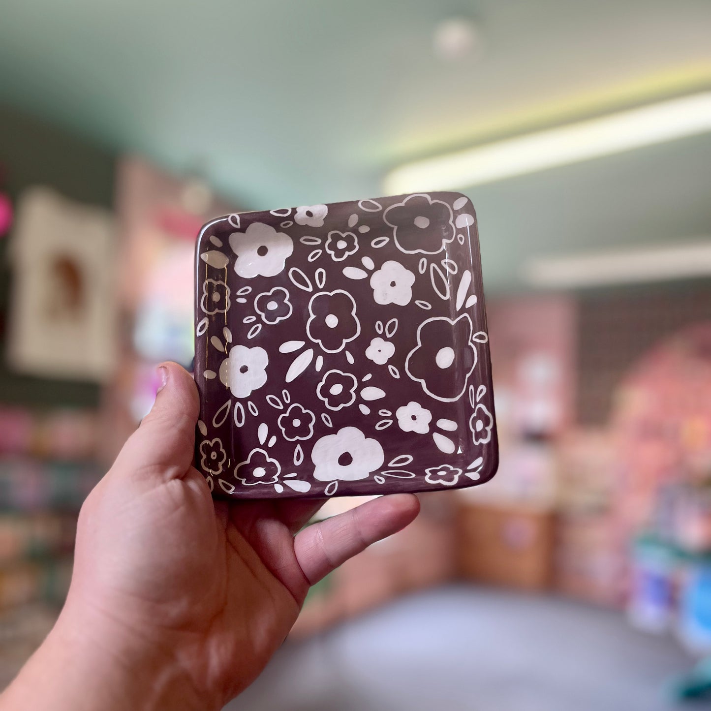 Dark Purple Sgraffito Floral - Square Ceramic Dish