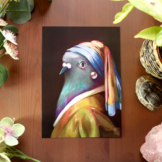 Pearl Earring Pigeon - A6 Postcard