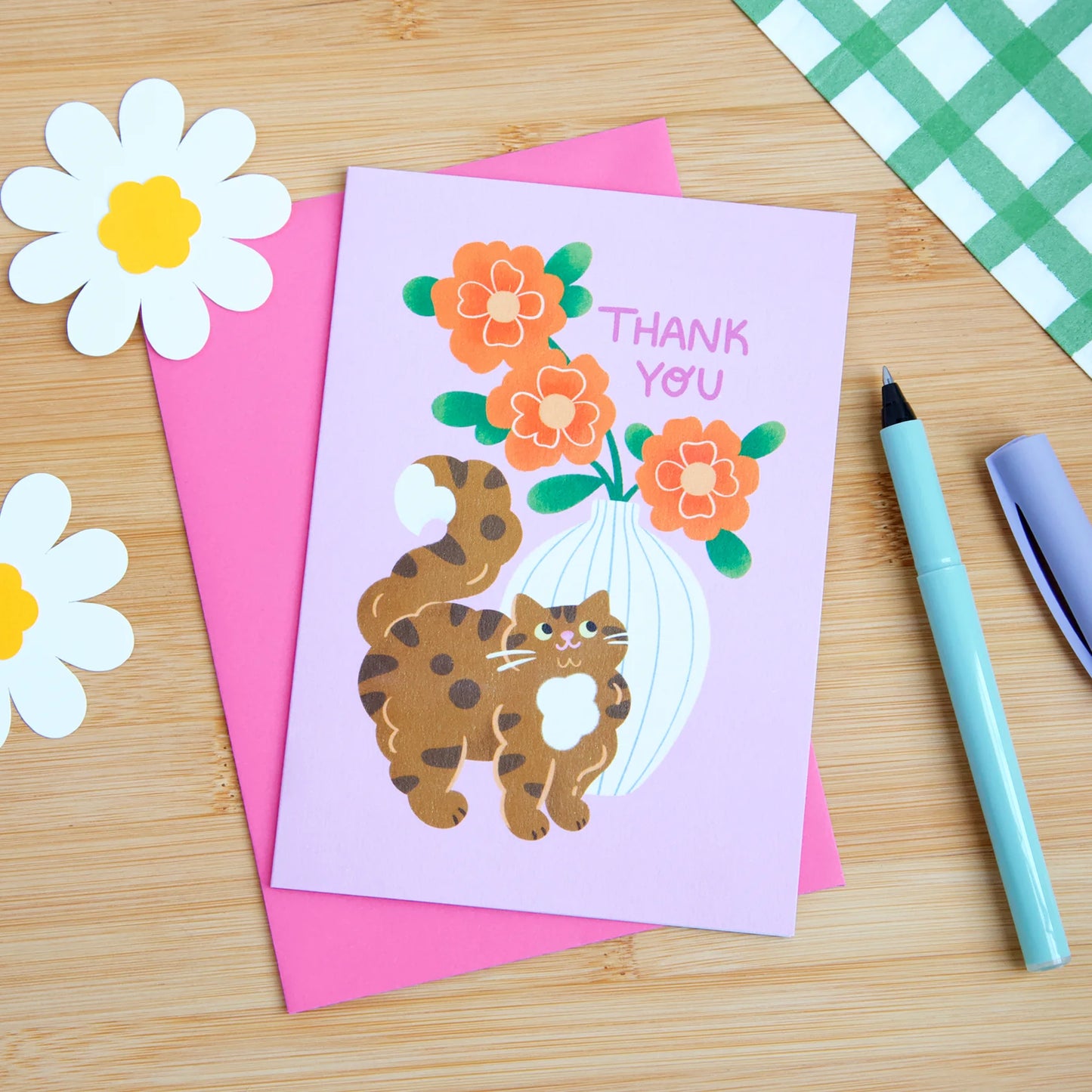 Cat And Flowers Thank You Card - A6 Card