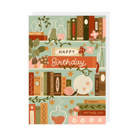 Birthday card with bookshelf design and 'Happy Birthday' text