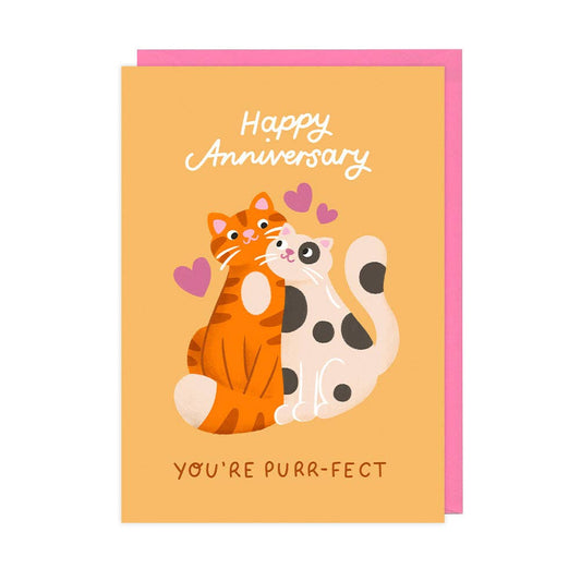 Greeting card with two cats and 'Happy Anniversary' text on a yellow background